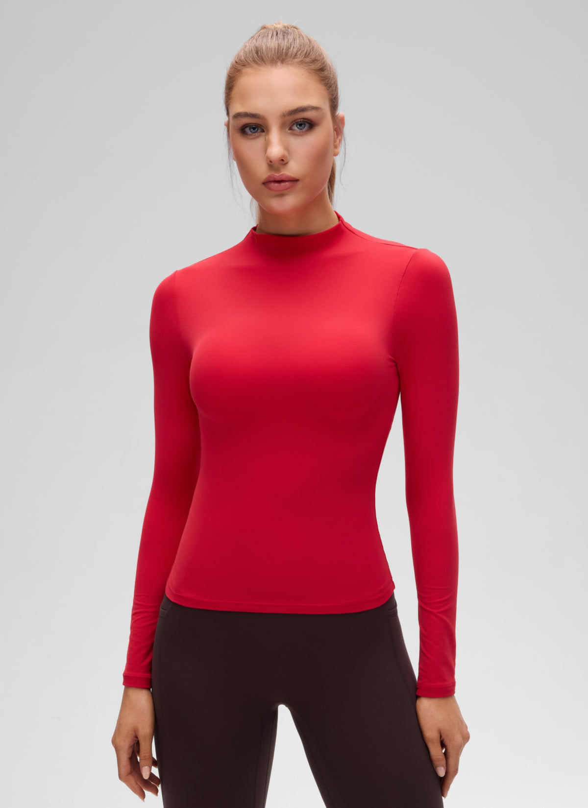 CRZ YOGA Women's Softembrace Mock Neck Waist Length Long Sleeves Aurora Red @model_info:A
