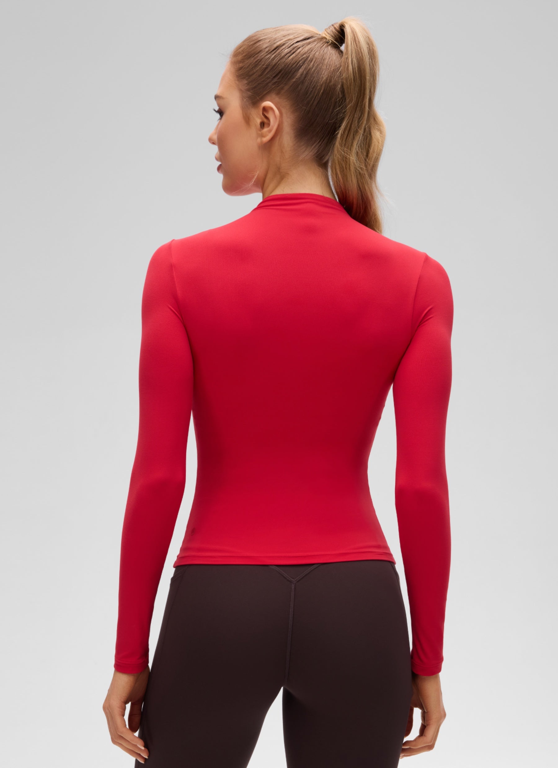 CRZ YOGA Women's Softembrace Mock Neck Waist Length Long Sleeves Aurora Red @model_info:A