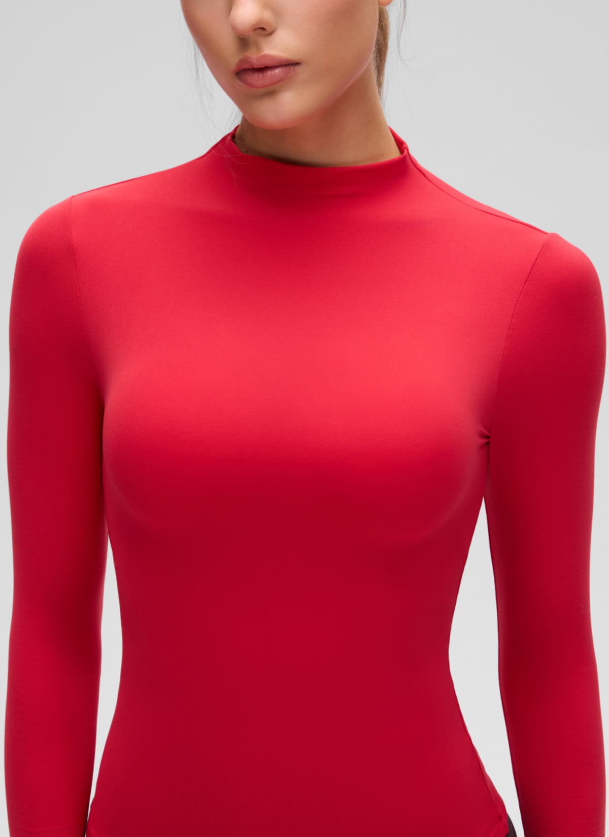 CRZ YOGA Women's Softembrace Mock Neck Waist Length Long Sleeves Aurora Red @model_info:A
