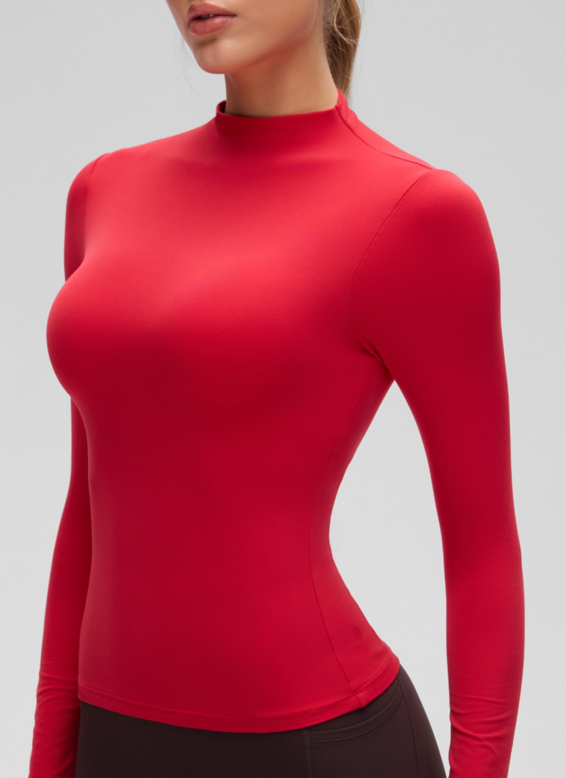 CRZ YOGA Women's Softembrace Mock Neck Waist Length Long Sleeves Aurora Red @model_info:A