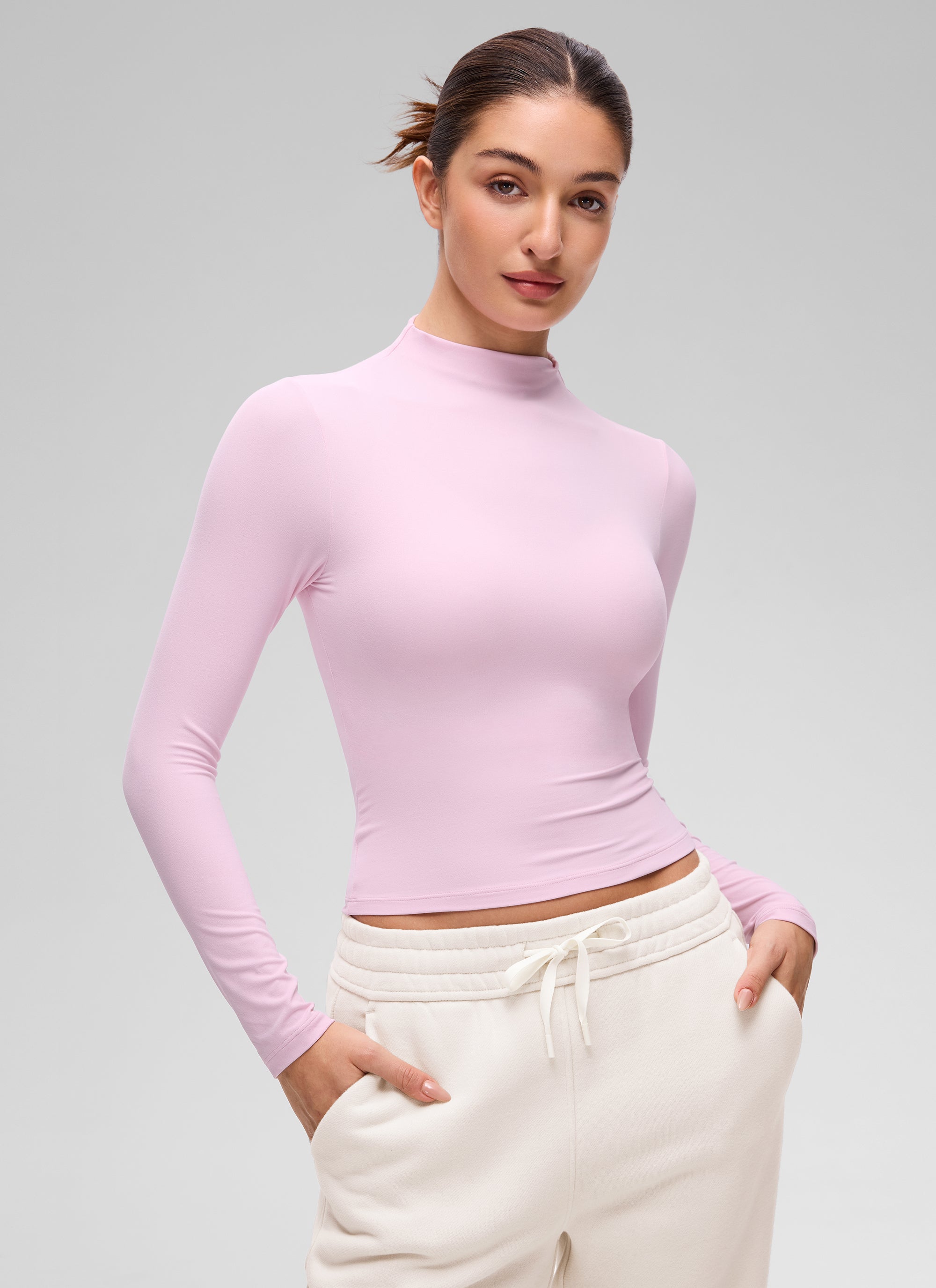 CRZ YOGA Women's Softembrace Mock Neck Waist Length Long Sleeves Pink Peony @model_info:Inga