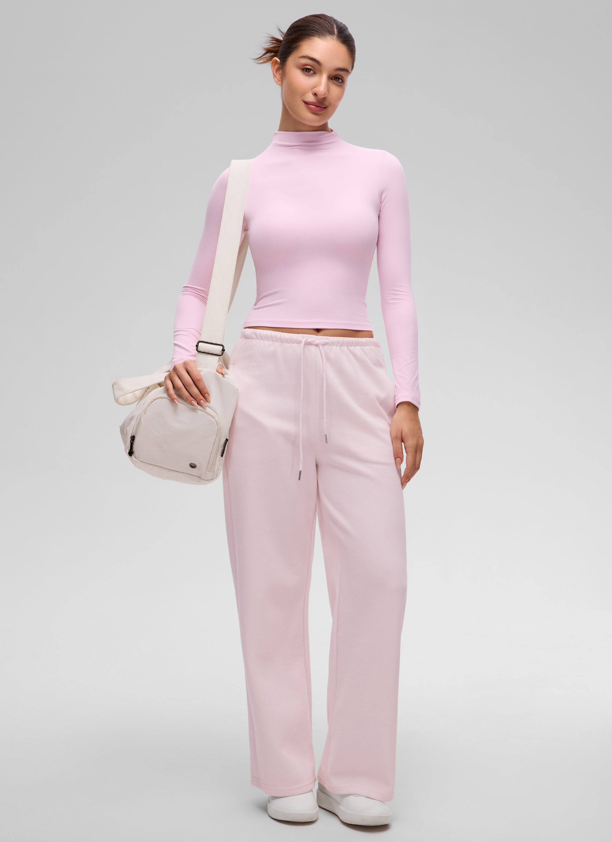 CRZ YOGA Women's Softembrace Mock Neck Waist Length Long Sleeves Pink Peony @model_info:Inga