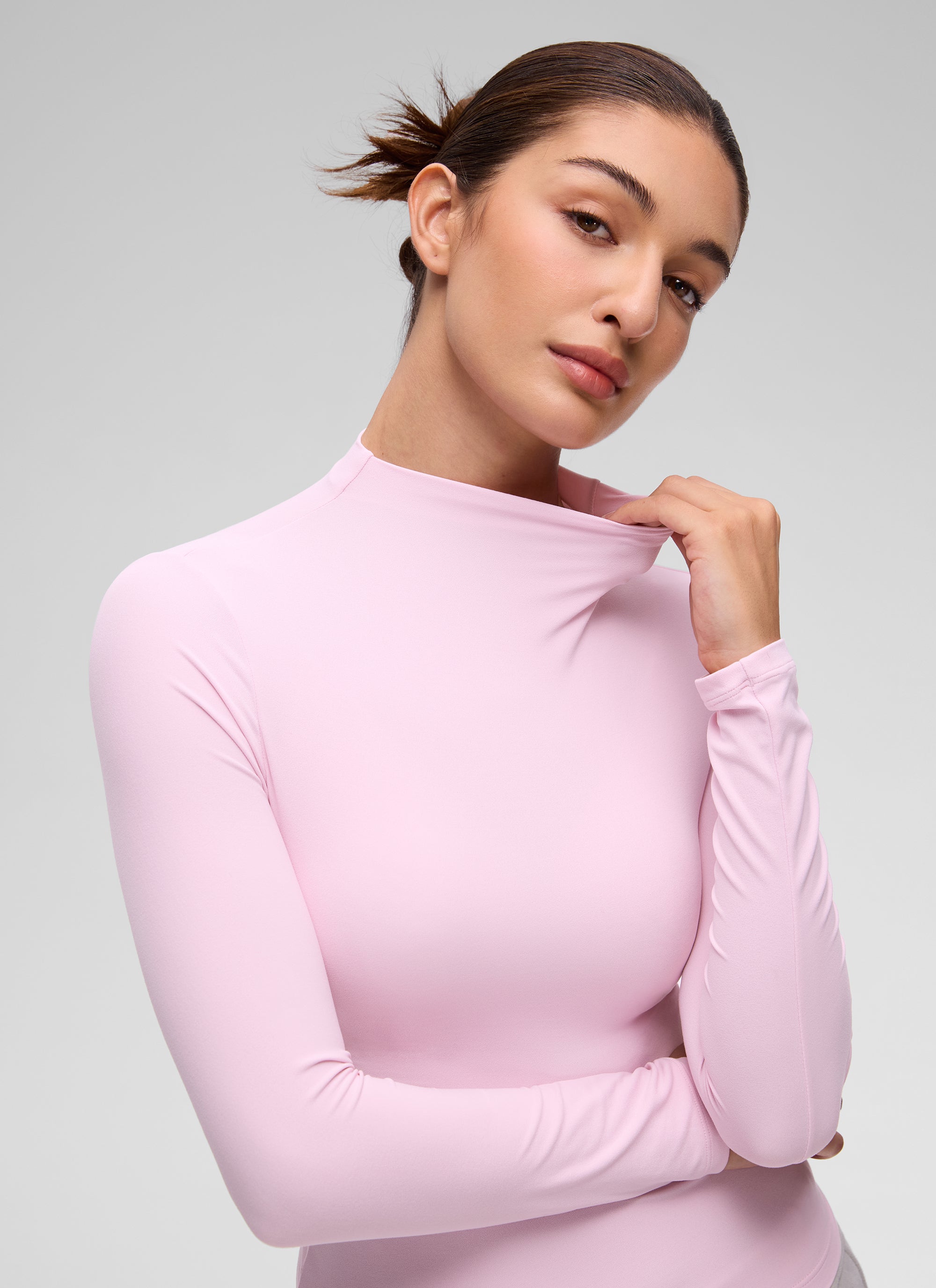 CRZ YOGA Women's Softembrace Mock Neck Waist Length Long Sleeves Pink Peony @model_info:Inga