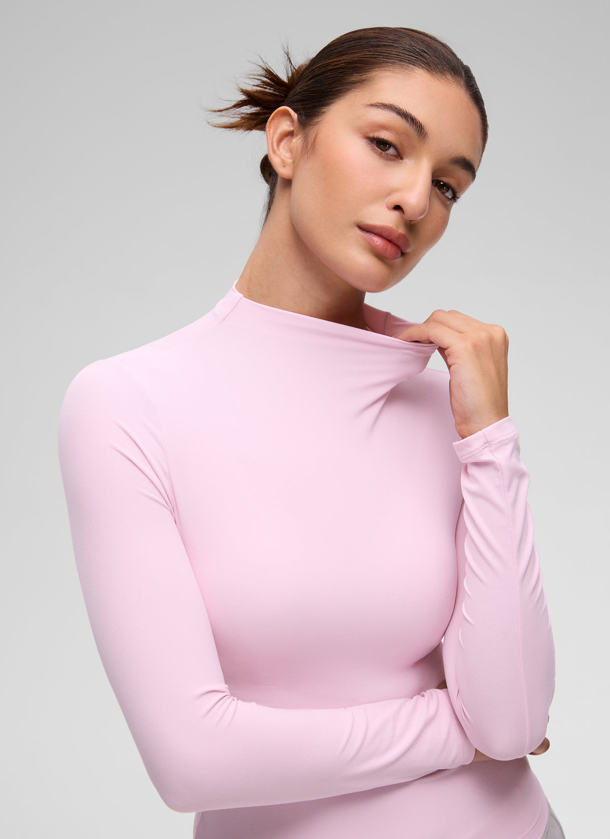 CRZ YOGA Women's Softembrace Mock Neck Waist Length Long Sleeves Pink Peony @model_info:Inga