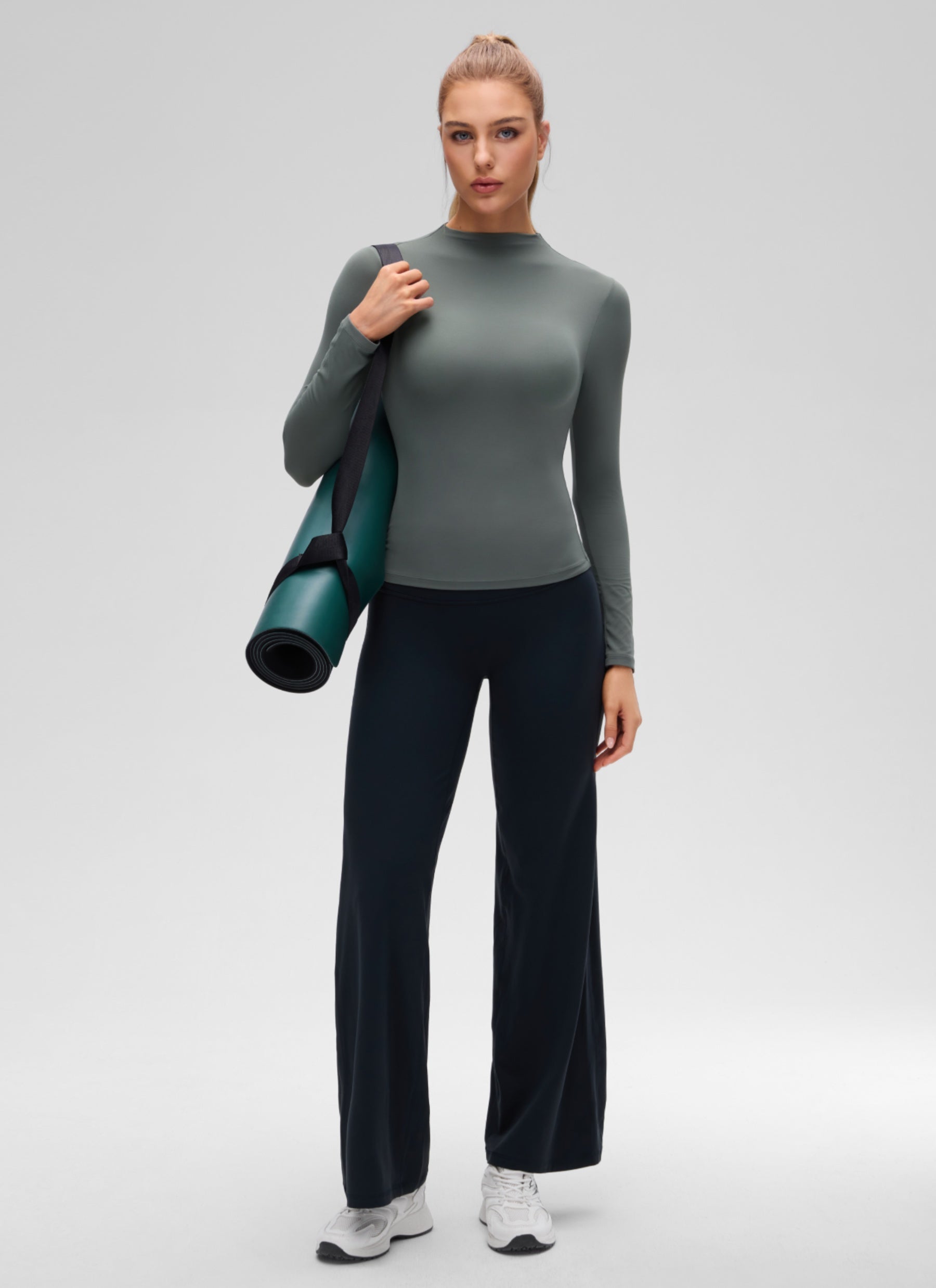 CRZ YOGA Women's Softembrace Mock Neck Waist Length Long Sleeves Grey Sage @model_info:A