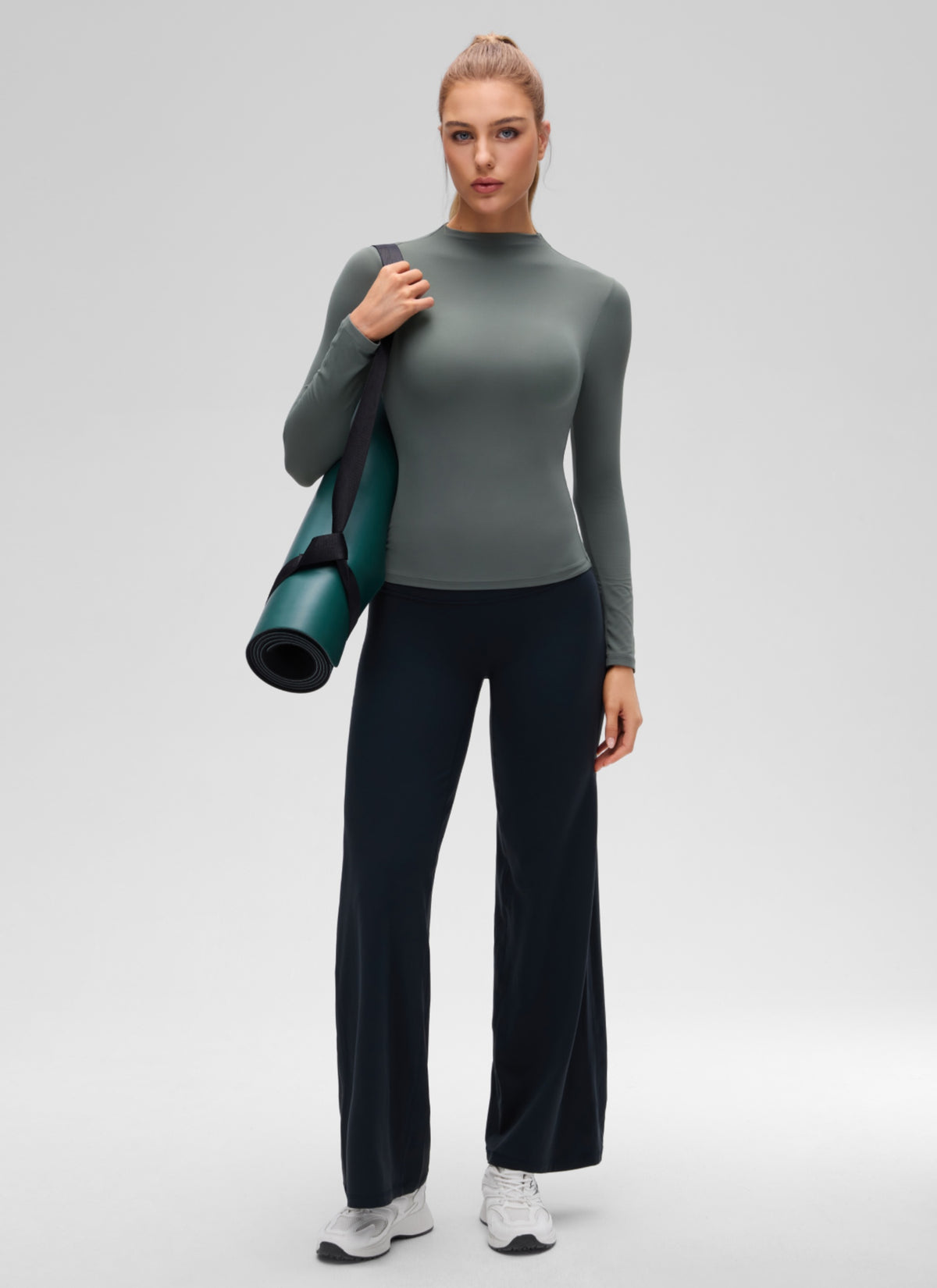 CRZ YOGA Women's Softembrace Mock Neck Waist Length Long Sleeves Grey Sage @model_info:A