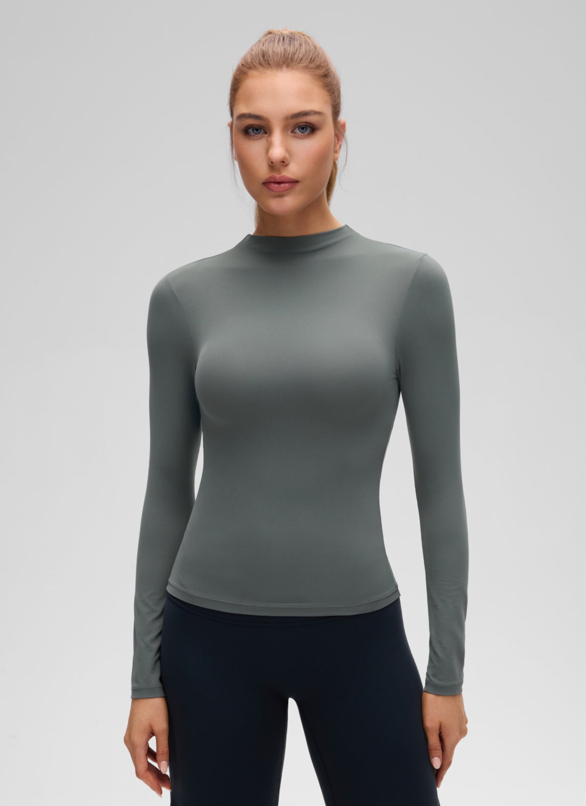 CRZ YOGA Women's Softembrace Mock Neck Waist Length Long Sleeves Grey Sage @model_info:A