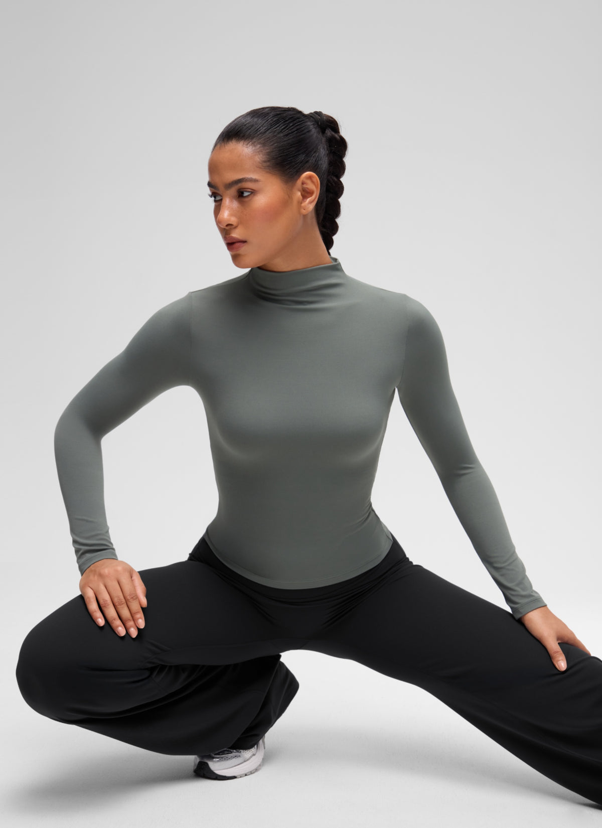 CRZ YOGA Women's Softembrace Mock Neck Waist Length Long Sleeves Grey Sage @model_info:C