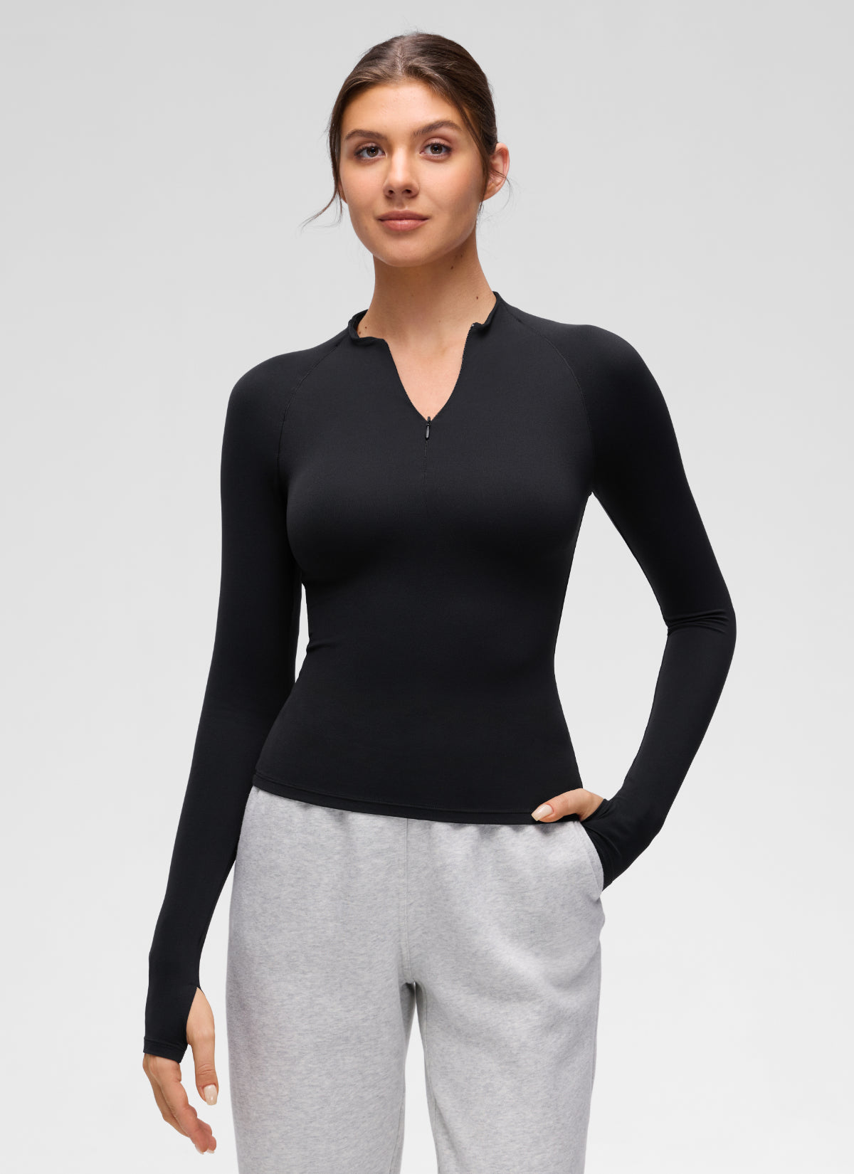 CRZ YOGA Women's Softembrace Casual Half-Zip Waist Length Long Sleeve Black @model_info:Gelya