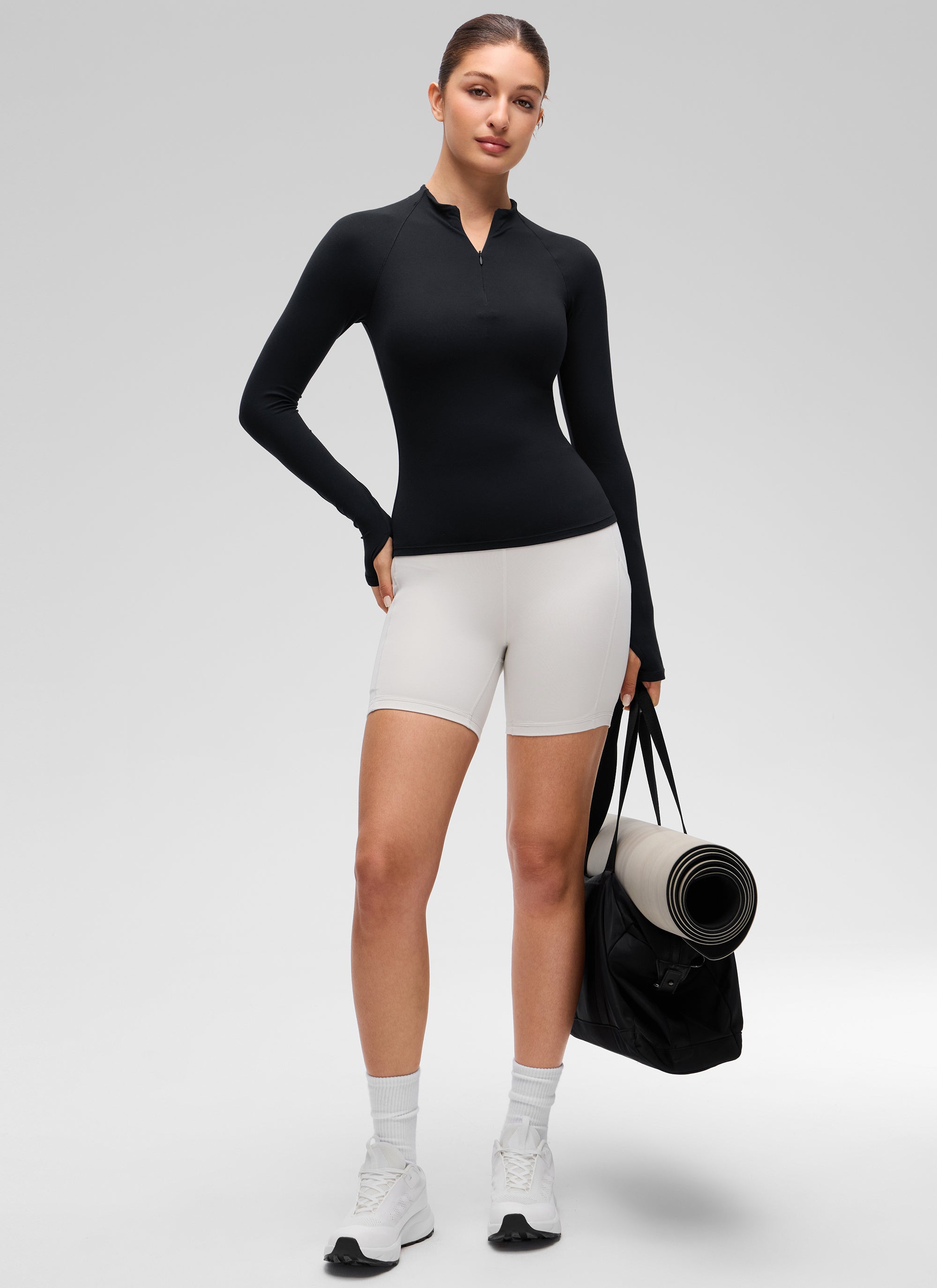 CRZ YOGA Women's Softembrace Casual Half-Zip Waist Length Long Sleeve Black @model_info:Inga