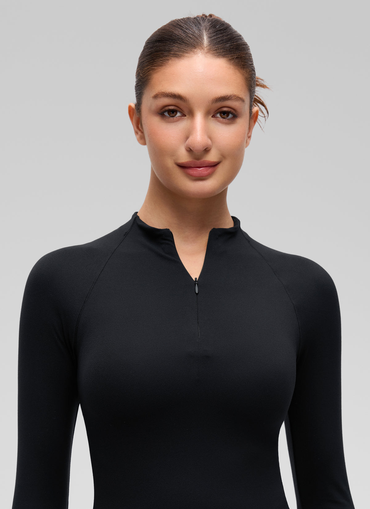 CRZ YOGA Women's Softembrace Casual Half-Zip Waist Length Long Sleeve Black @model_info:Inga