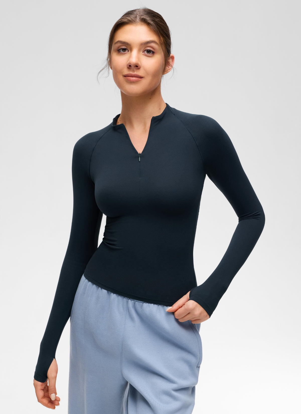 CRZ YOGA Women's Softembrace Casual Half-Zip Waist Length Long Sleeve True Navy @model_info:Gelya