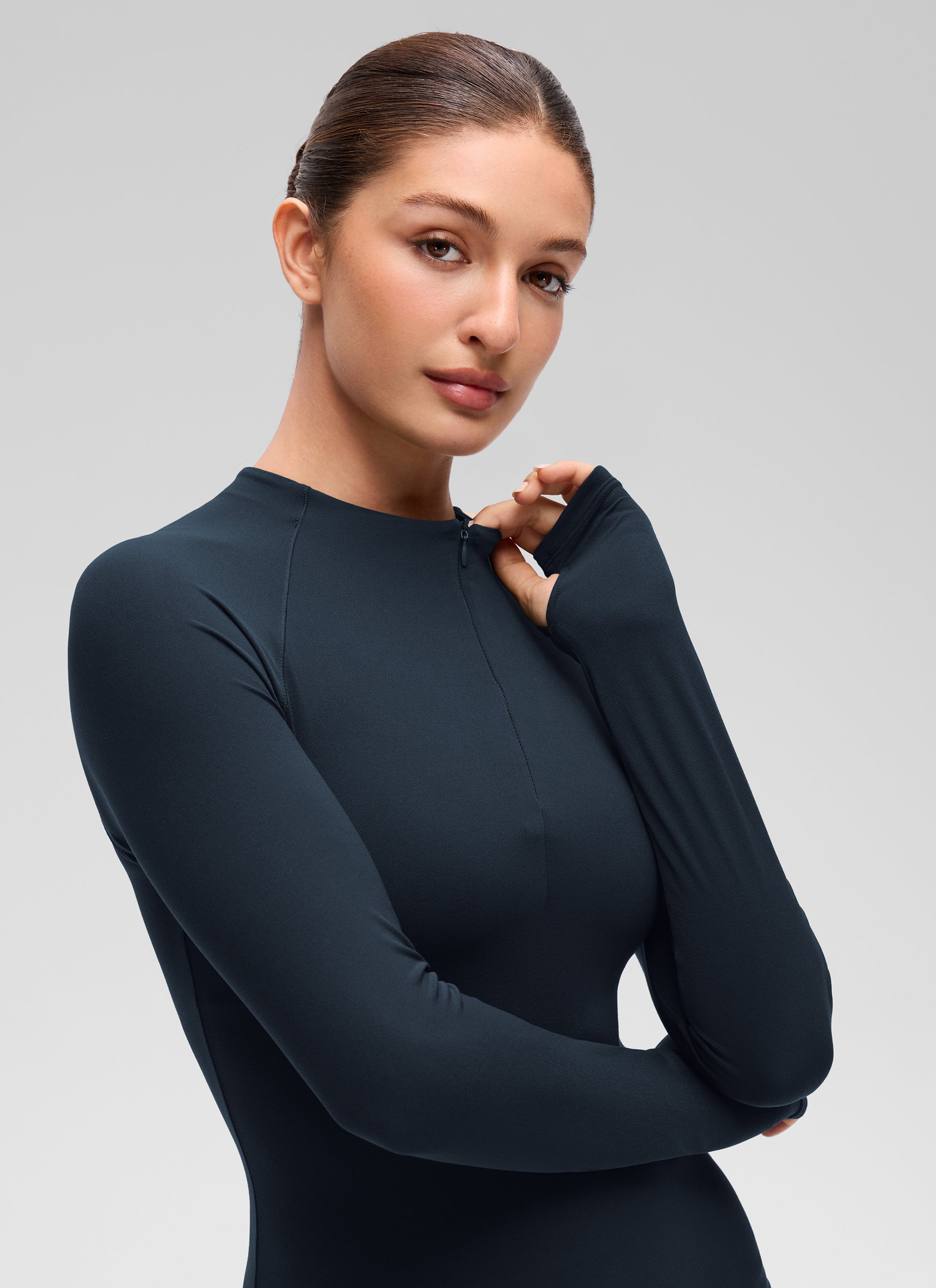 CRZ YOGA Women's Softembrace Casual Half-Zip Waist Length Long Sleeve True Navy @model_info:Inga