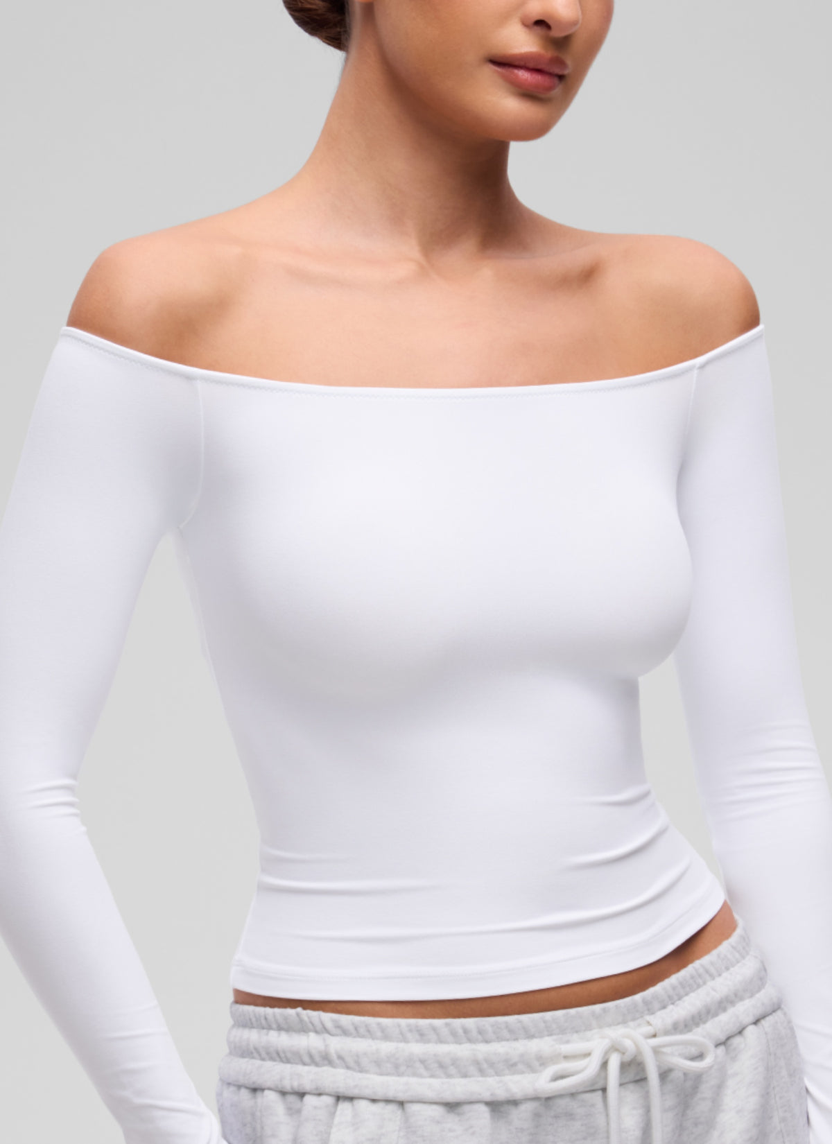 CRZ YOGA Women's Casual Softembrace Off Shoulder Tight Fit Long Sleeve White @model_info:I