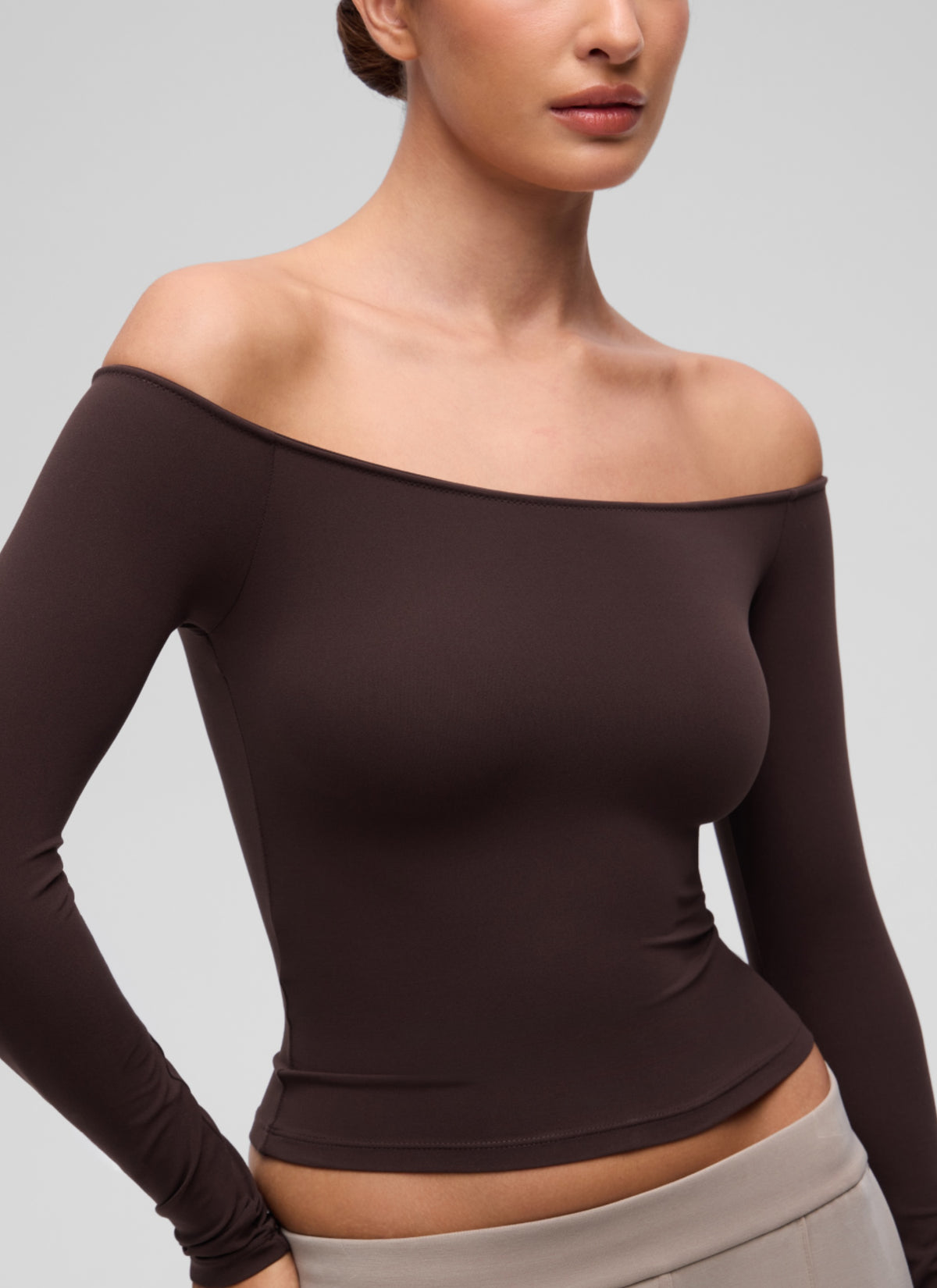 CRZ YOGA Women's Casual Softembrace Off Shoulder Tight Fit Long Sleeve Hot Fudge Brown @model_info:I