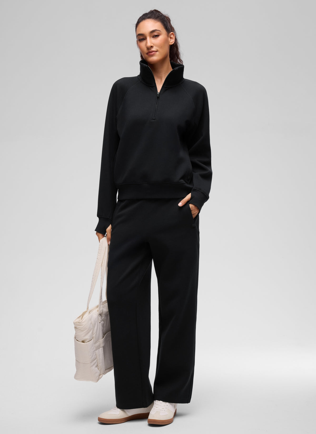 CRZ YOGA Women's HugSpacer Half-Zip Waist Length Pocket Sweatshirt Black @model_info:V