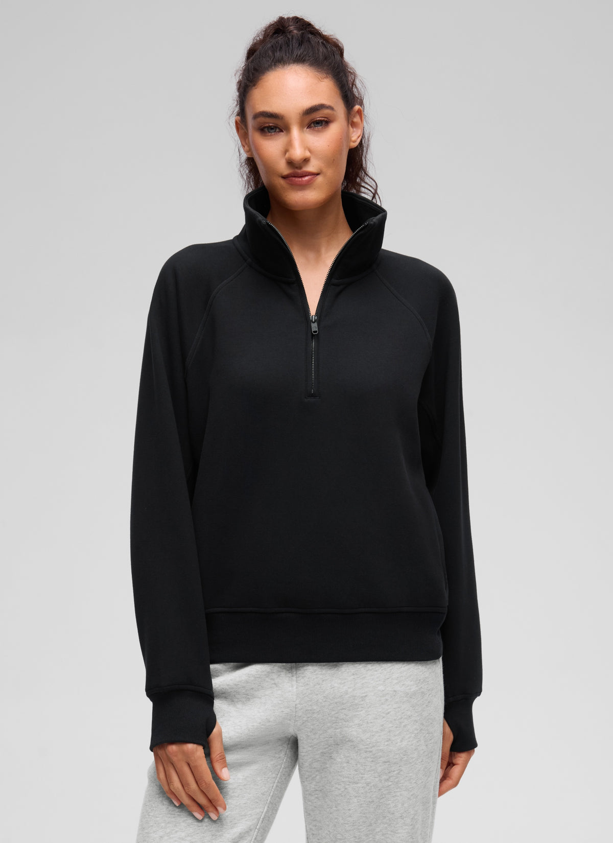 CRZ YOGA Women's HugSpacer Half-Zip Waist Length Pocket Sweatshirt Black @model_info:V