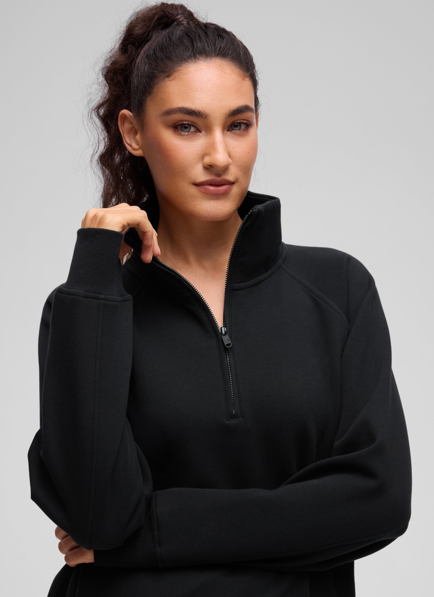 CRZ YOGA Women's HugSpacer Half-Zip Waist Length Pocket Sweatshirt Black @model_info:V