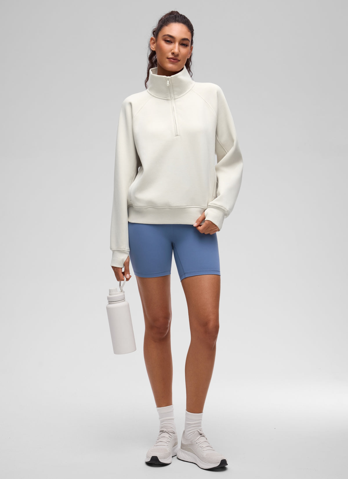 CRZ YOGA Women's HugSpacer Half-Zip Waist Length Pocket Sweatshirt Milky White @model_info:V