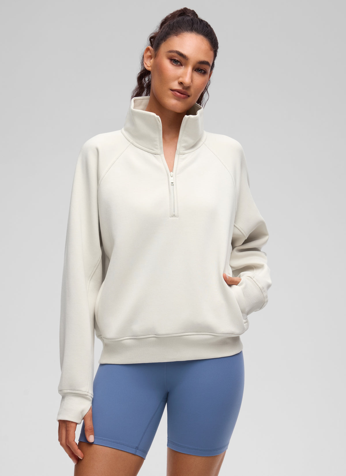 CRZ YOGA Women's HugSpacer Half-Zip Waist Length Pocket Sweatshirt Milky White @model_info:V