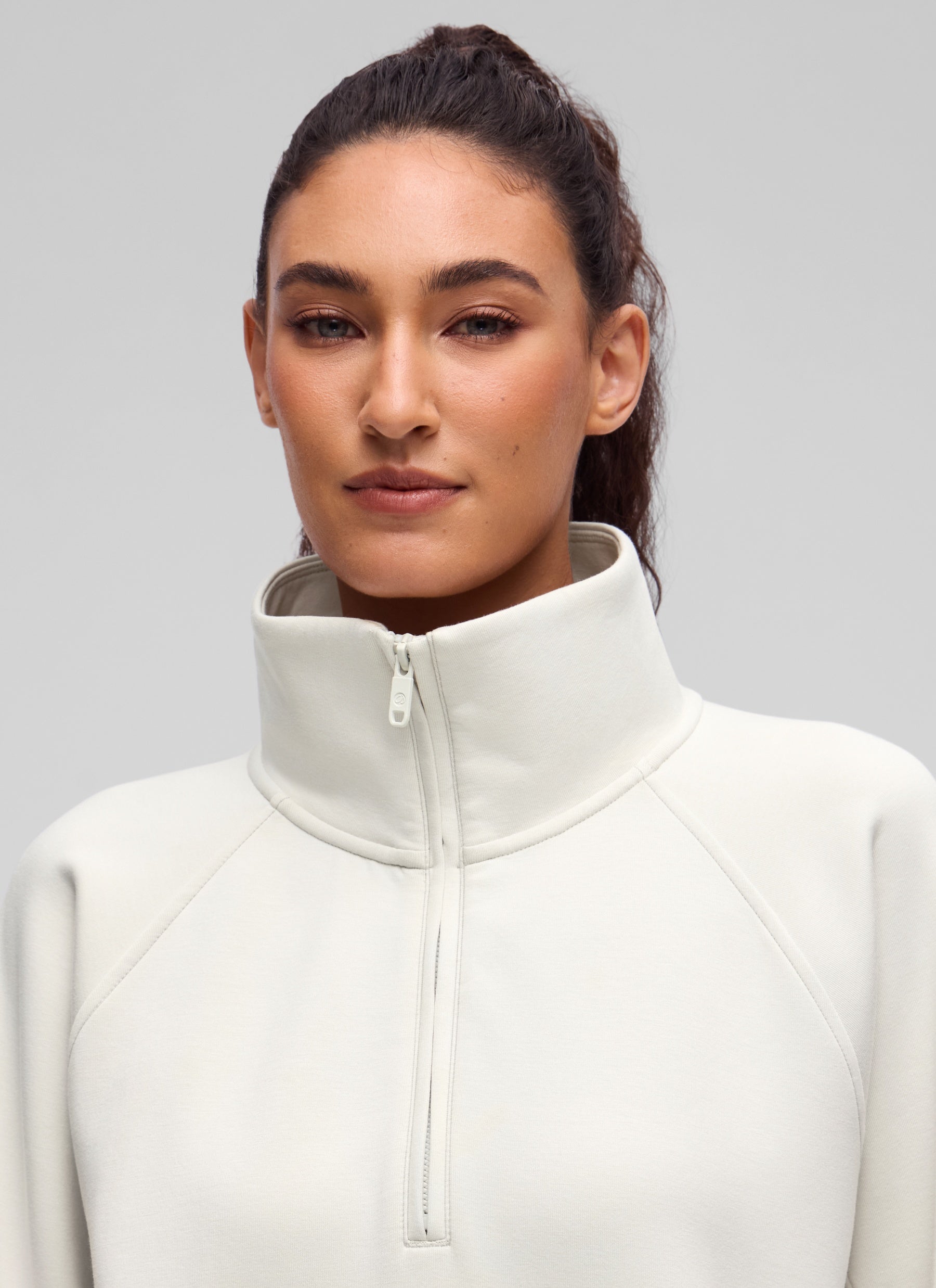 CRZ YOGA Women's HugSpacer Half-Zip Waist Length Pocket Sweatshirt Milky White @model_info:V