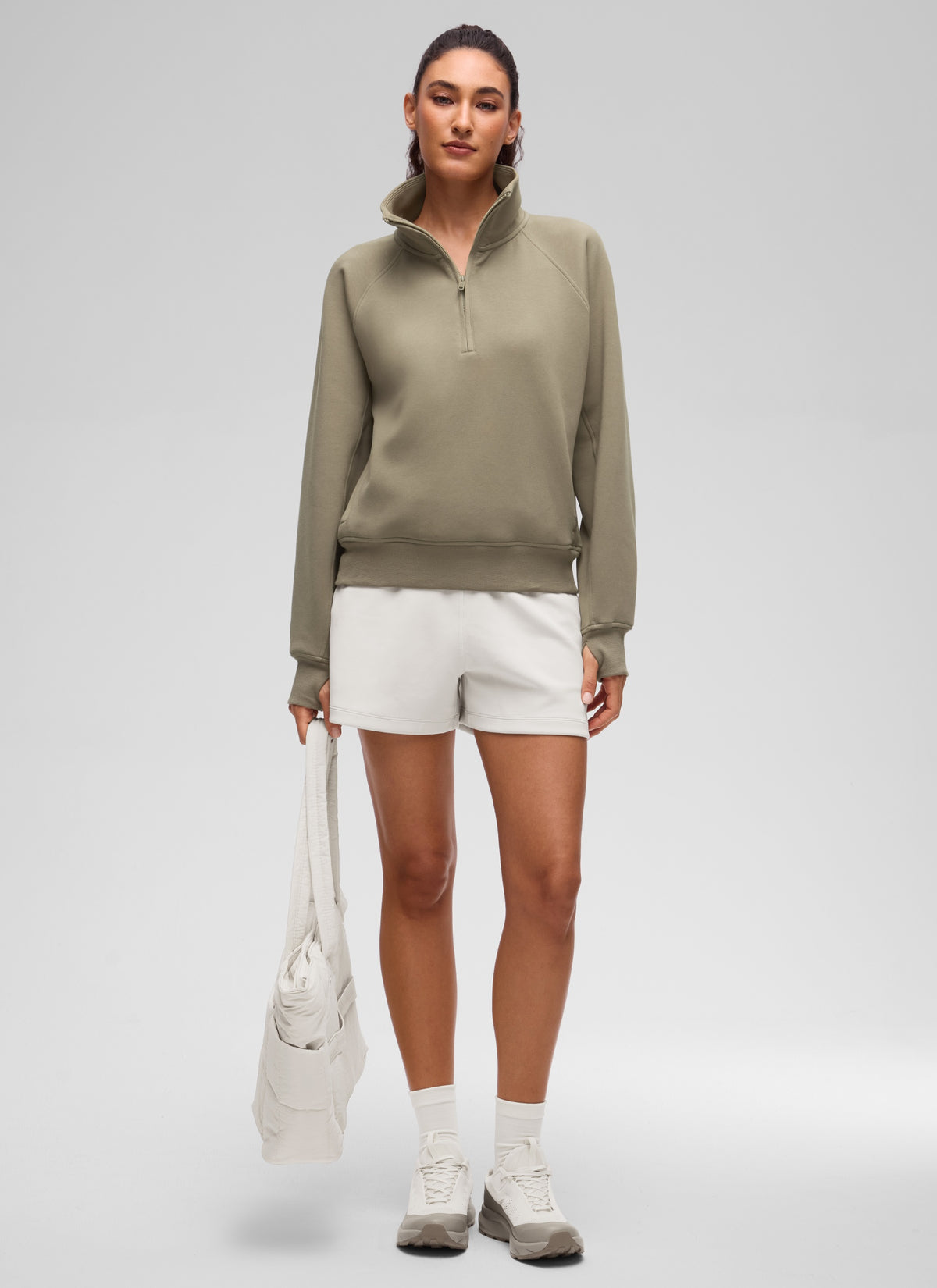CRZ YOGA Women's HugSpacer Half-Zip Waist Length Pocket Sweatshirt Warm Ash Grey @model_info:V