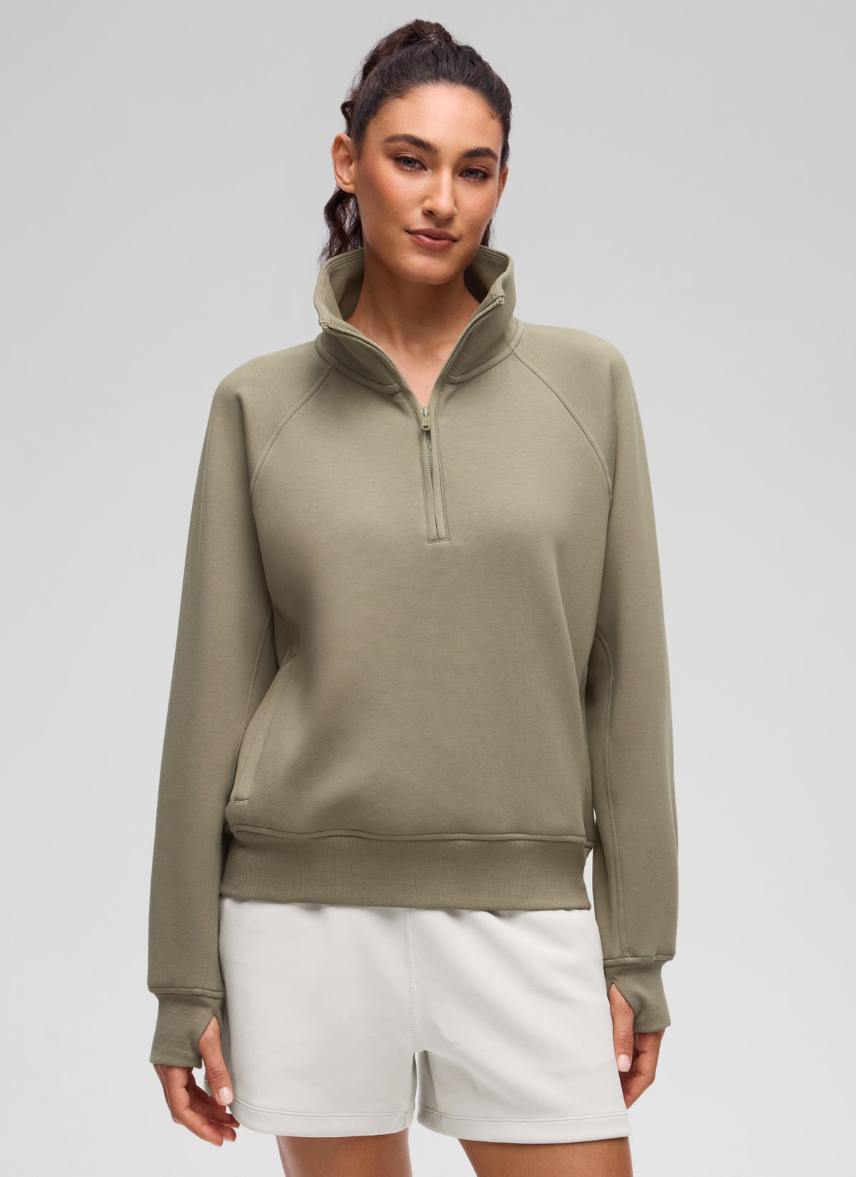 CRZ YOGA Women's HugSpacer Half-Zip Waist Length Pocket Sweatshirt Warm Ash Grey @model_info:V