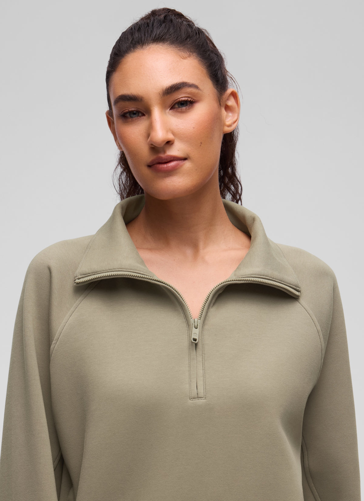 CRZ YOGA Women's HugSpacer Half-Zip Waist Length Pocket Sweatshirt Warm Ash Grey @model_info:V