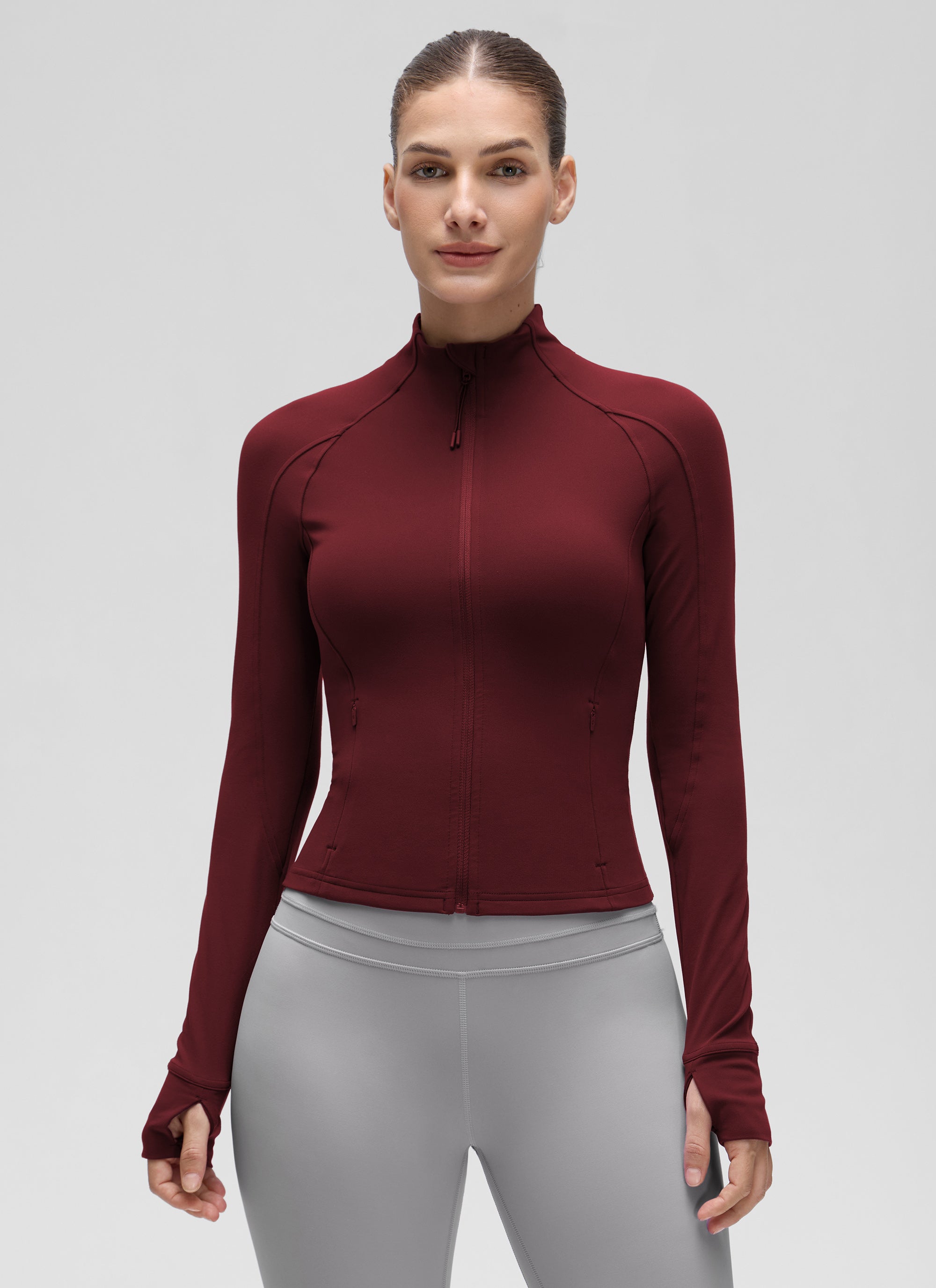 CRZ YOGA Women's Butterluxe Cropped Pocket Outerwear Full Zip Jackets Red Merlot @model_info:J