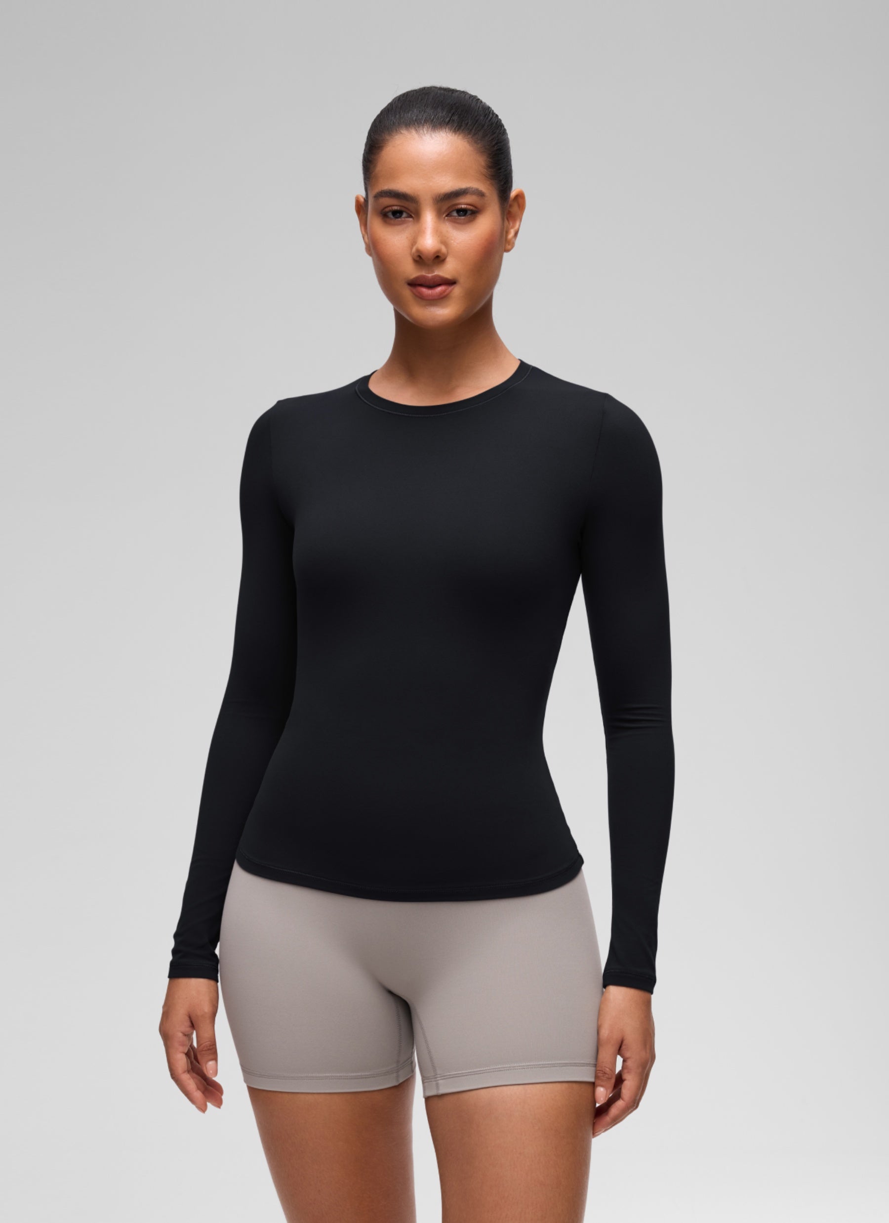 CRZ YOGA Women's Crew Neck Tight Fit Long Sleeve Shirts Casual Tee Black @model_info:C