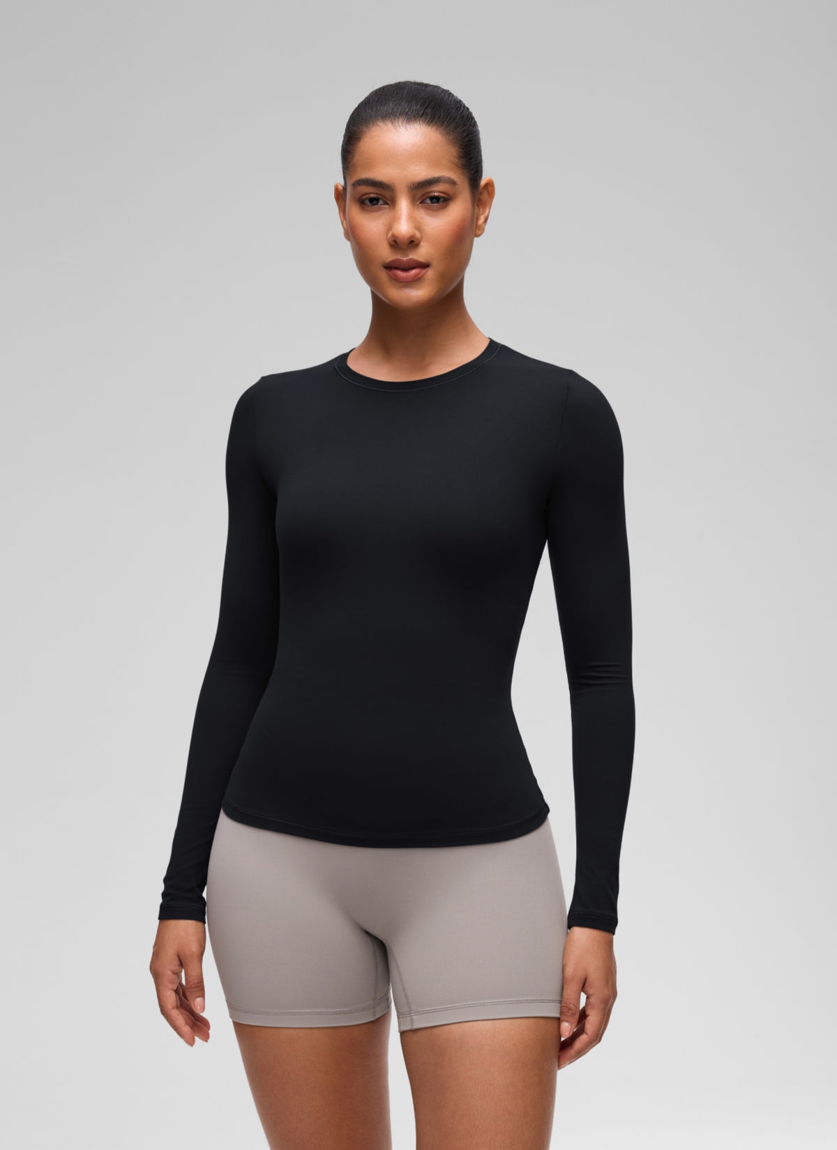CRZ YOGA Women's Crew Neck Tight Fit Long Sleeve Shirts Casual Tee Black @model_info:C