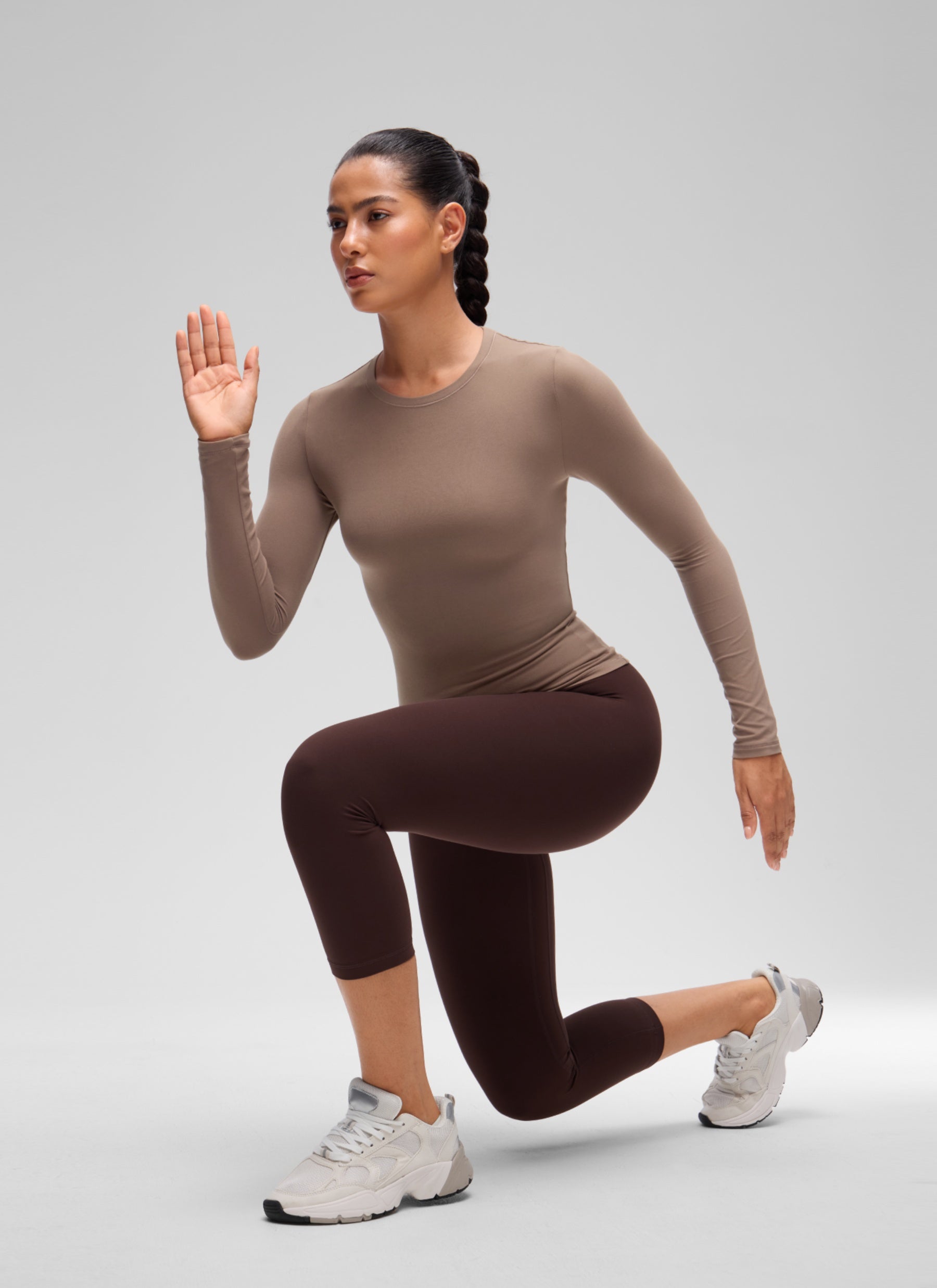 CRZ YOGA Women's Crew Neck Tight Fit Long Sleeve Shirts Casual Tee Brown Purple @model_info:C