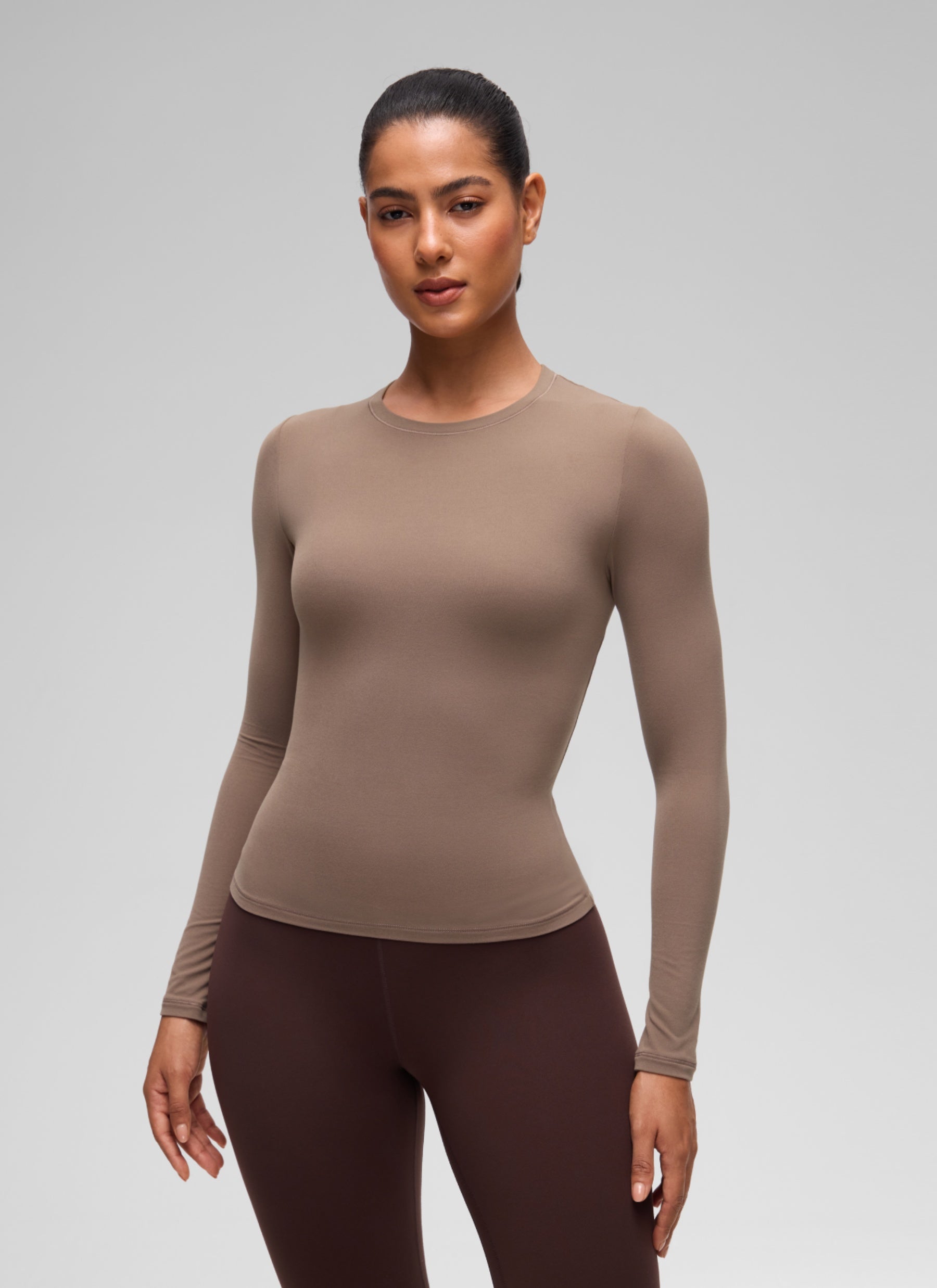 CRZ YOGA Women's Crew Neck Tight Fit Long Sleeve Shirts Casual Tee Brown Purple @model_info:C