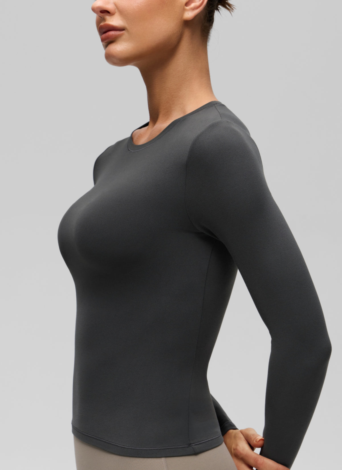 CRZ YOGA Women's Crew Neck Tight Fit Long Sleeve Shirts Casual Tee Mysterious Grey @model_info:K