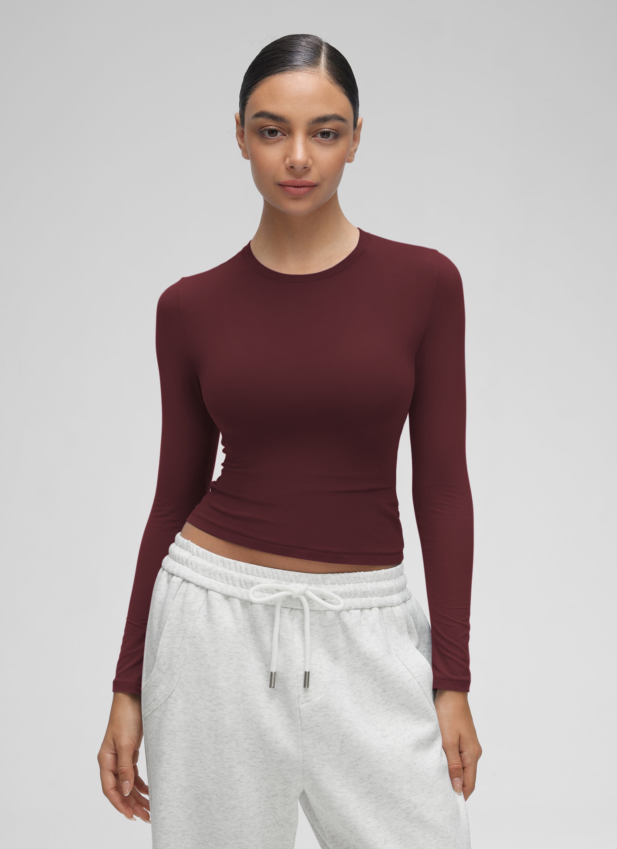 CRZ YOGA Women's Crew Neck Tight Fit Long Sleeve Shirts Casual Tee Red Merlot @model_info:Anano