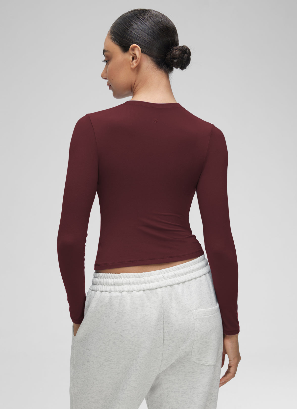 CRZ YOGA Women's Crew Neck Tight Fit Long Sleeve Shirts Casual Tee Red Merlot @model_info:Anano