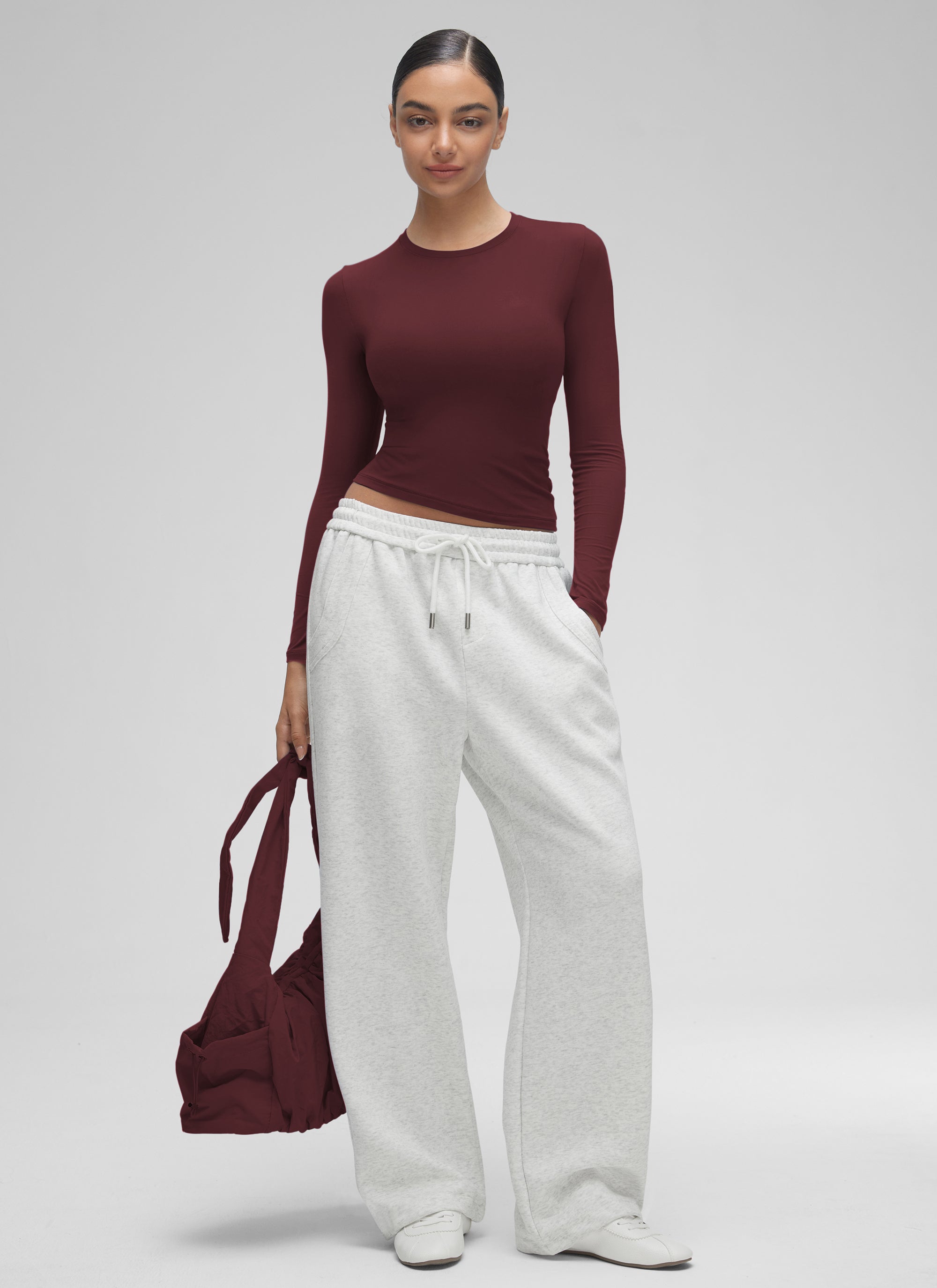 CRZ YOGA Women's Crew Neck Tight Fit Long Sleeve Shirts Casual Tee Red Merlot @model_info:Anano