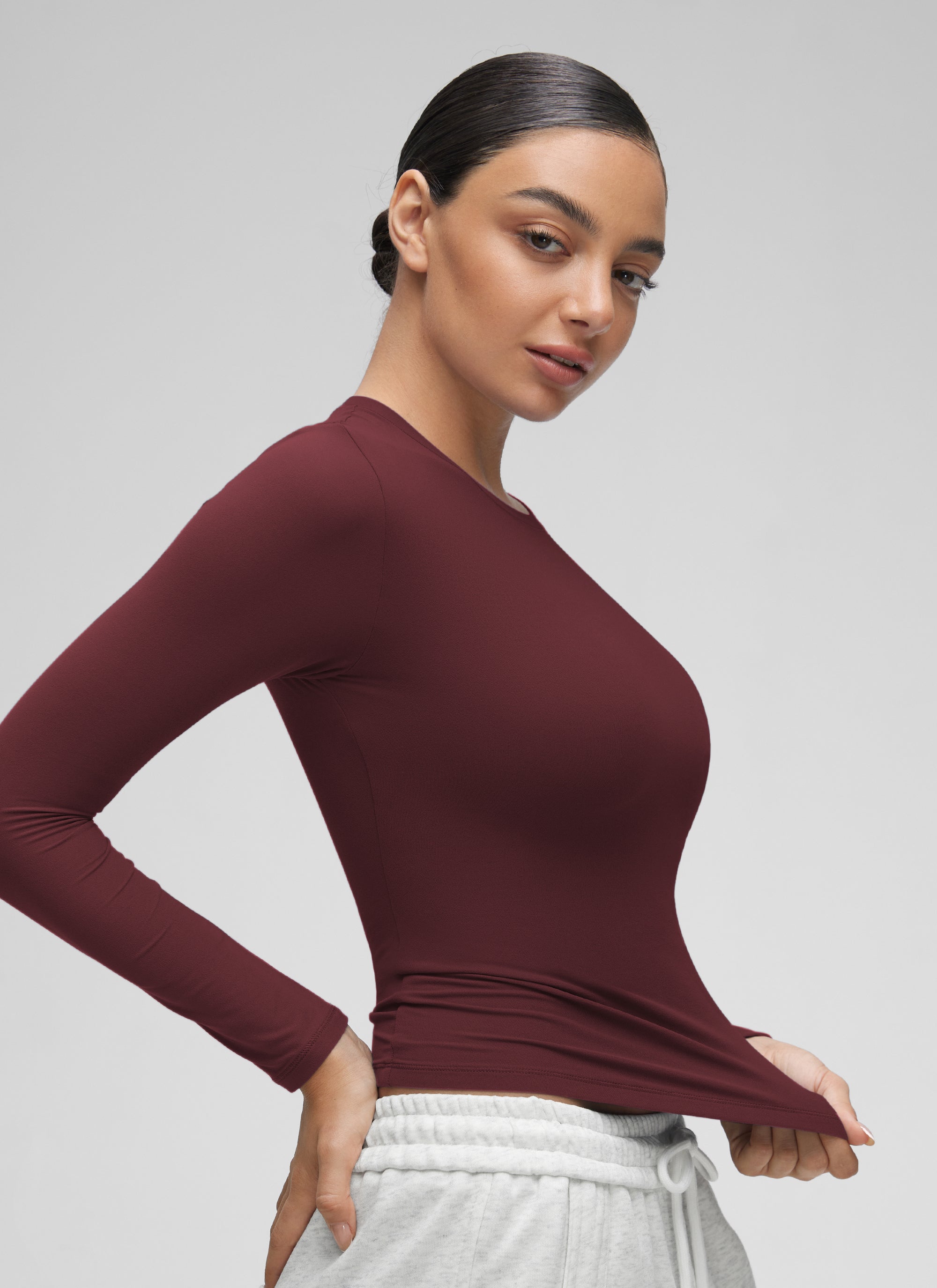 CRZ YOGA Women's Crew Neck Tight Fit Long Sleeve Shirts Casual Tee Red Merlot @model_info:Anano
