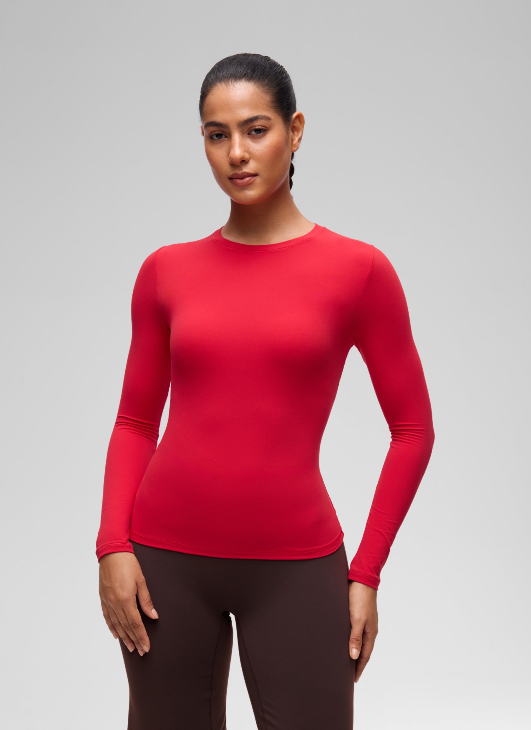 CRZ YOGA Women's Crew Neck Tight Fit Long Sleeve Shirts Casual Tee Aurora Red @model_info:C