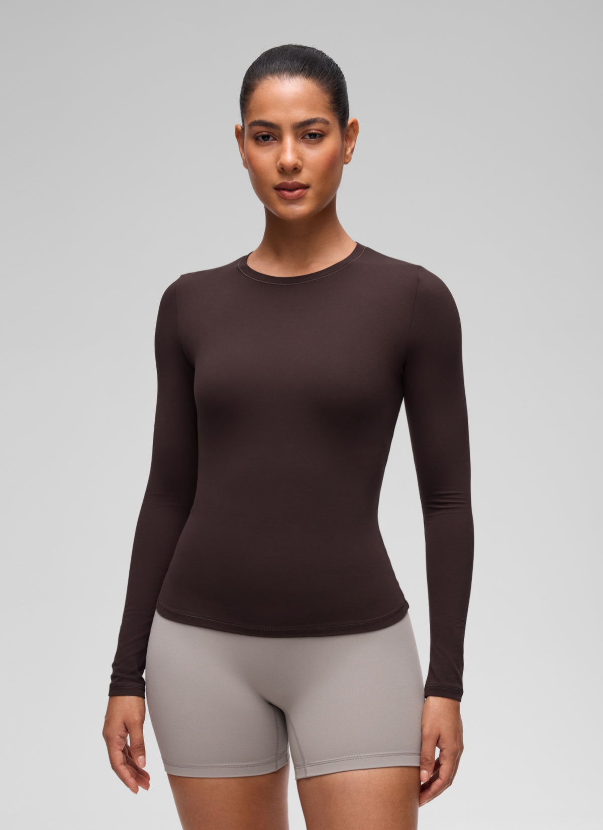 CRZ YOGA Women's Crew Neck Tight Fit Long Sleeve Shirts Casual Tee Hot Fudge Brown @model_info:C